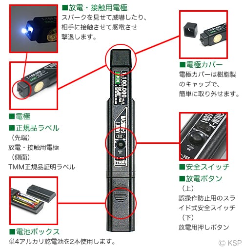 ペン型スタンガンS-365の操作説明図